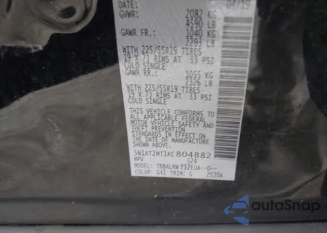 2019 Nissan Rogue Sl z USA, uszkodzony, nr VIN 5N1AT2MT1KC804882